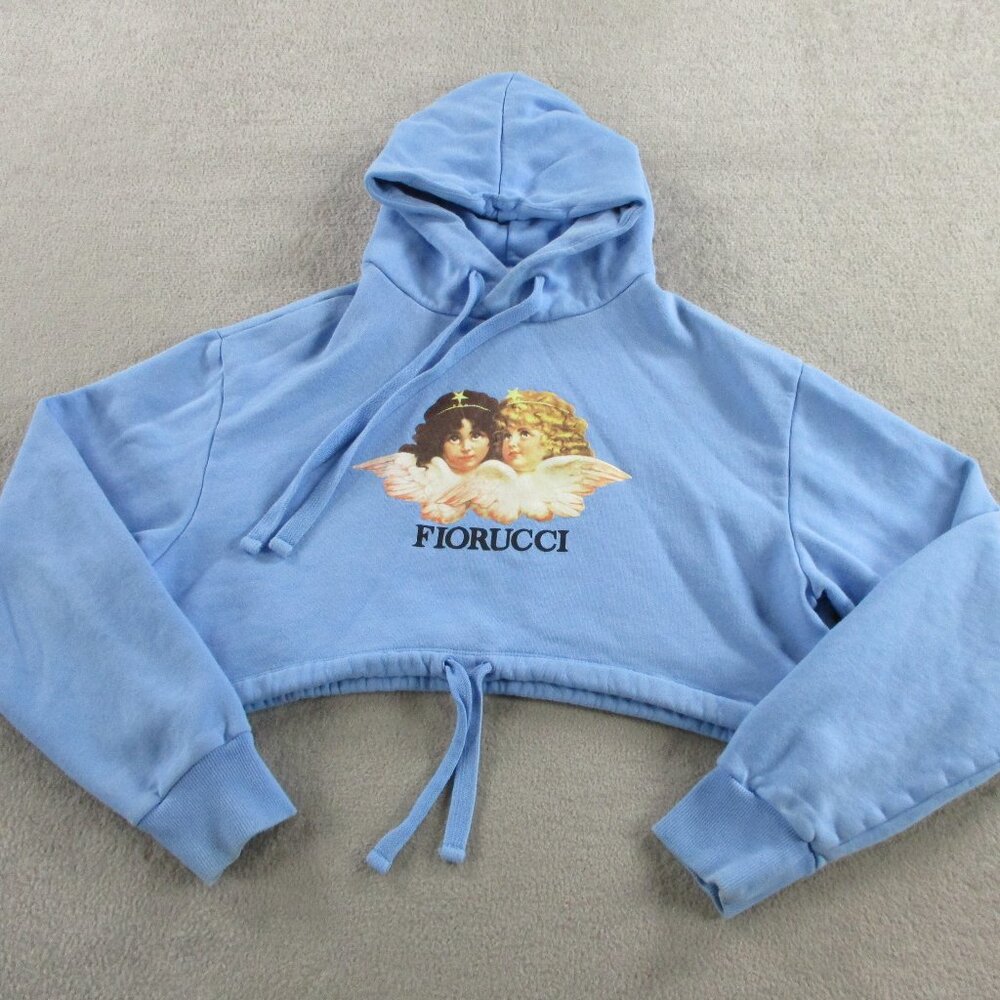 Fiorucci Hoodie Womens XS Blue Cropped Sweatshirt Angels Heaven Print Pullover